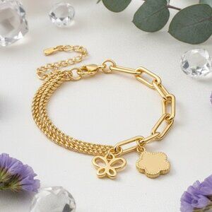 18K Gold Plated Stainless Steel Butterfly Flower Charm Minimalist Link Bracelet